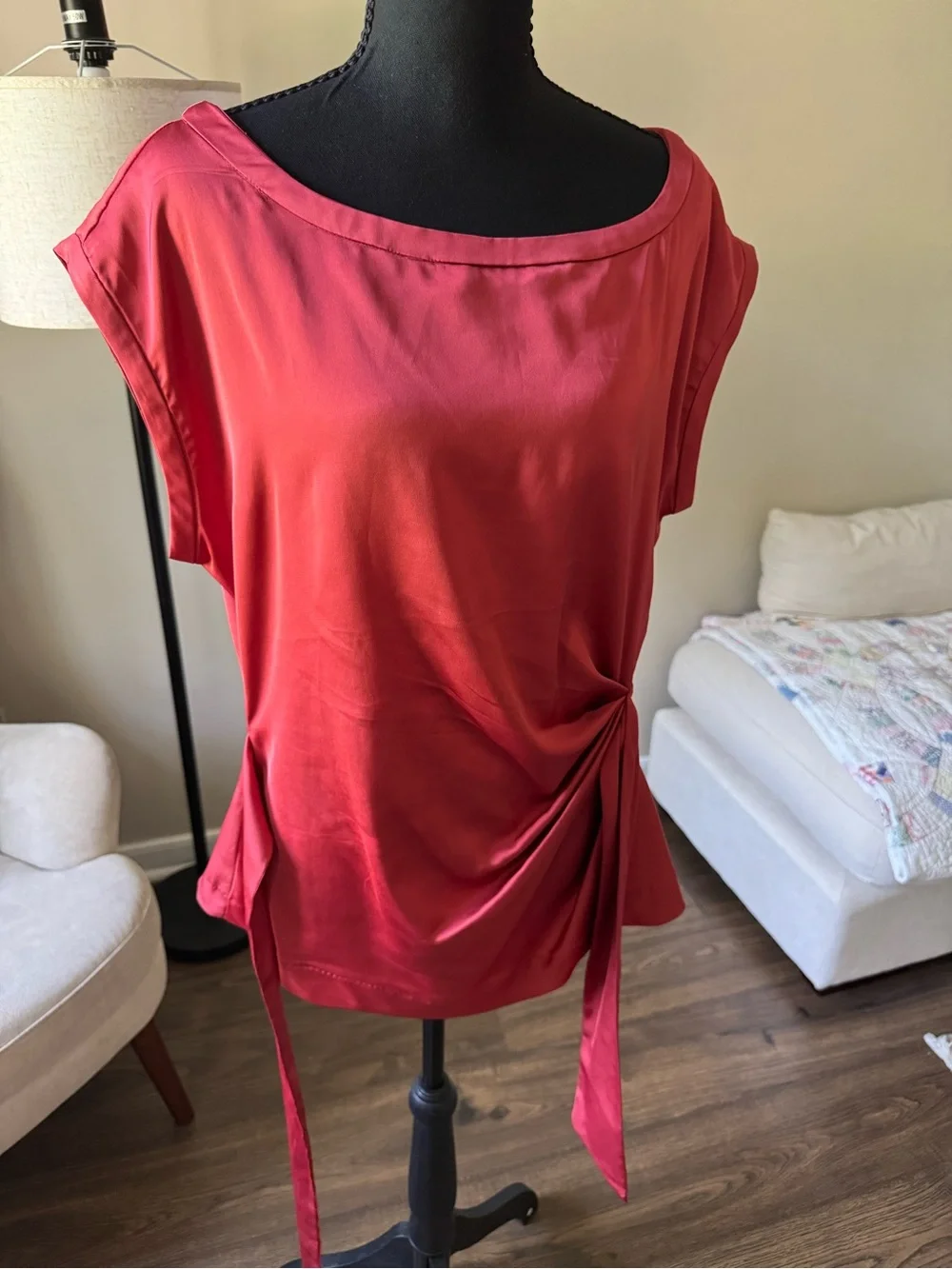 Coral Satin Tie-Waist Women's Top - Picture 3 of 4